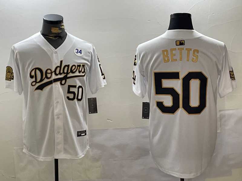 Mens Los Angeles Dodgers #50 Mookie Betts White Gold 2024 World Series With Fernando Memorial Patch Limited Stitched Jersey->new york yankees->MLB Jersey